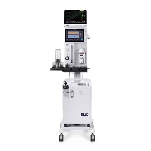 Image de face du poste d’anesthésie R660 Mobile pour usage vétérinaire, avec écran tactile, modules de surveillance et structure mobile.