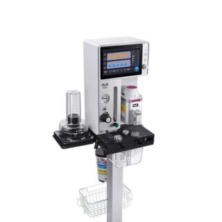 Image en perspective du poste d’anesthésie R660 Mobile, équipé d’un écran tactile, de modules de surveillance et de roulettes pour un déplacement facile.