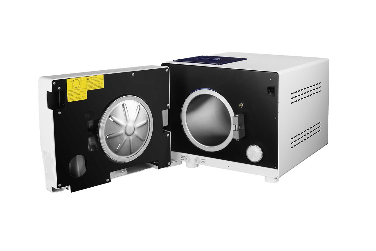 Autoclave Lafomed 8L équipé d’un écran, d’une chambre de stérilisation en acier inoxydable et d’un réservoir d’eau accessible par le dessus.