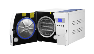 Autoclave Lafomed 18L équipé d’un écran, d’une chambre de stérilisation en acier inoxydable et d’un réservoir d’eau accessible par le dessus.
