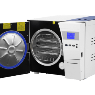 Autoclave Lafomed 18L équipé d’un écran, d’une chambre de stérilisation en acier inoxydable et d’un réservoir d’eau accessible par le dessus.