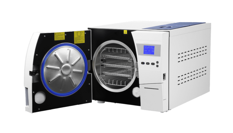 Autoclave Lafomed 18L équipé d’un écran, d’une chambre de stérilisation en acier inoxydable et d’un réservoir d’eau accessible par le dessus.