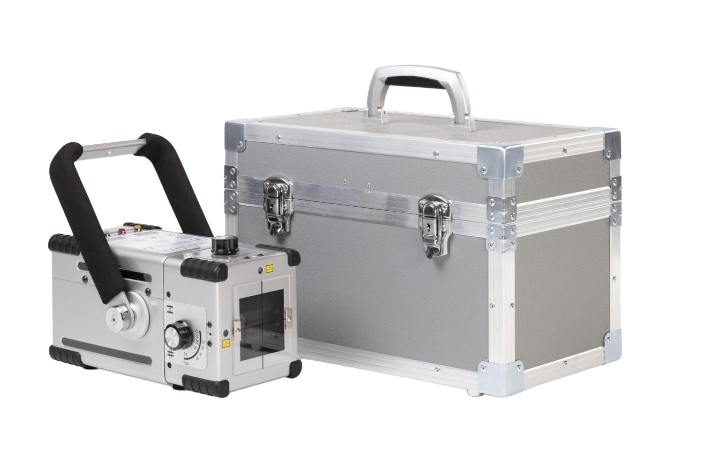 Appareil de radiologie vétérinaire Gierth 90/30 PEAK avec mallette de transport, collimateur gradué, double pointeur laser et affichage numérique « X-RAY », « READY » et « WARNING ».