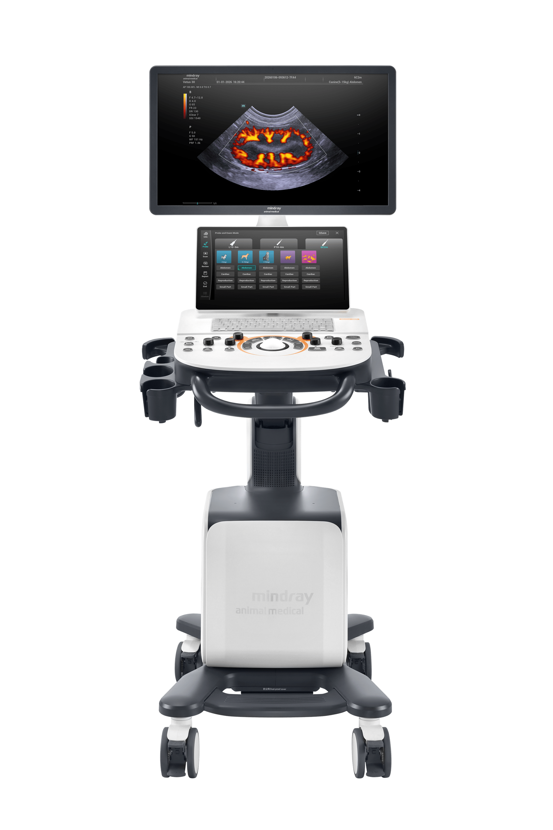 Échographe vétérinaire Mindray Vetus 30 vu de face, avec son moniteur, son écran tactile de commande et son panneau de contrôle.