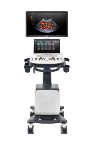 Échographe vétérinaire Mindray Vetus 30 vu de face, avec son moniteur, son écran tactile de commande et son panneau de contrôle.