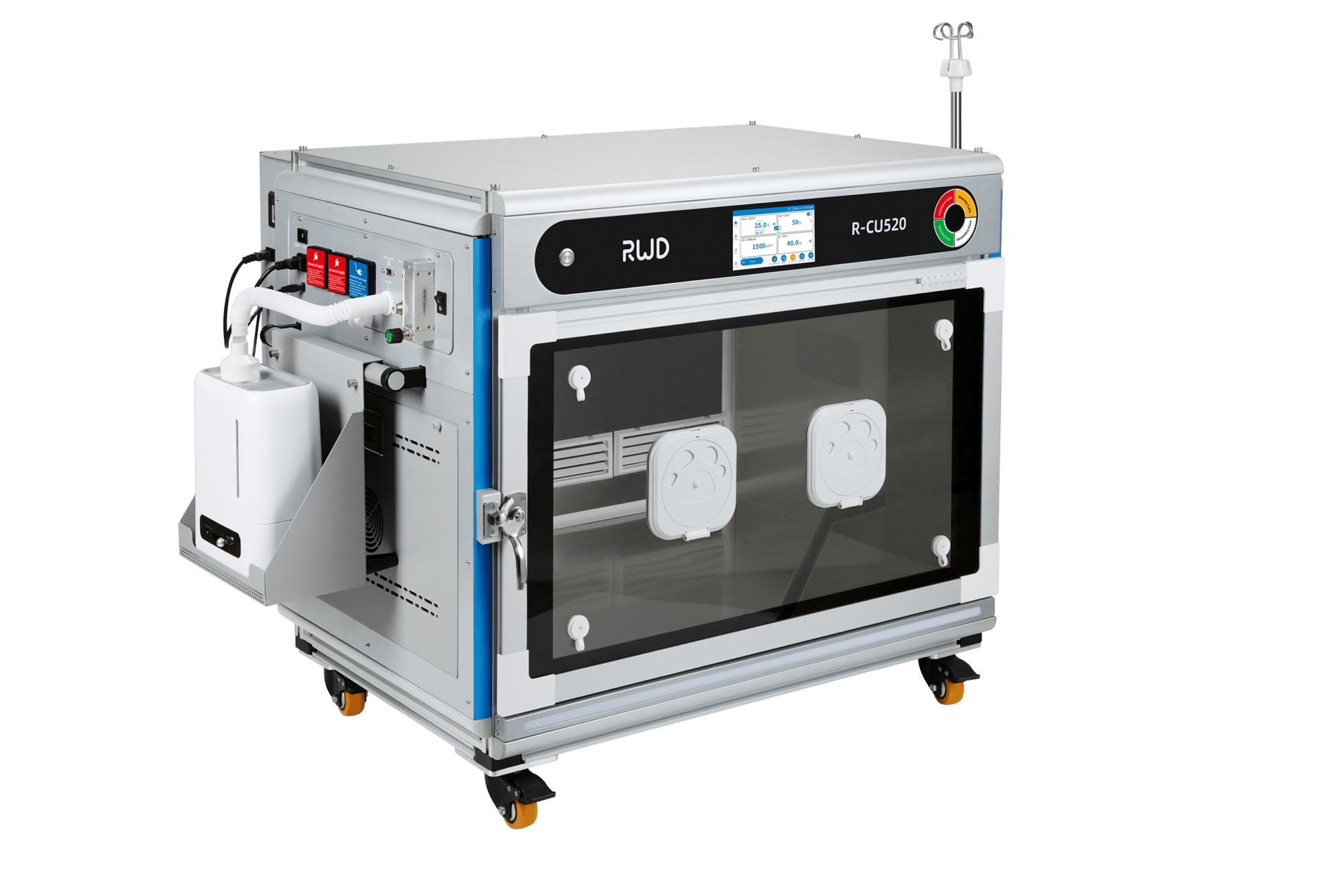 Unité de soins vétérinaires R-CU510 avec écran de contrôle, panneau vitré, porte latérale, roulettes et support pour perfusion.