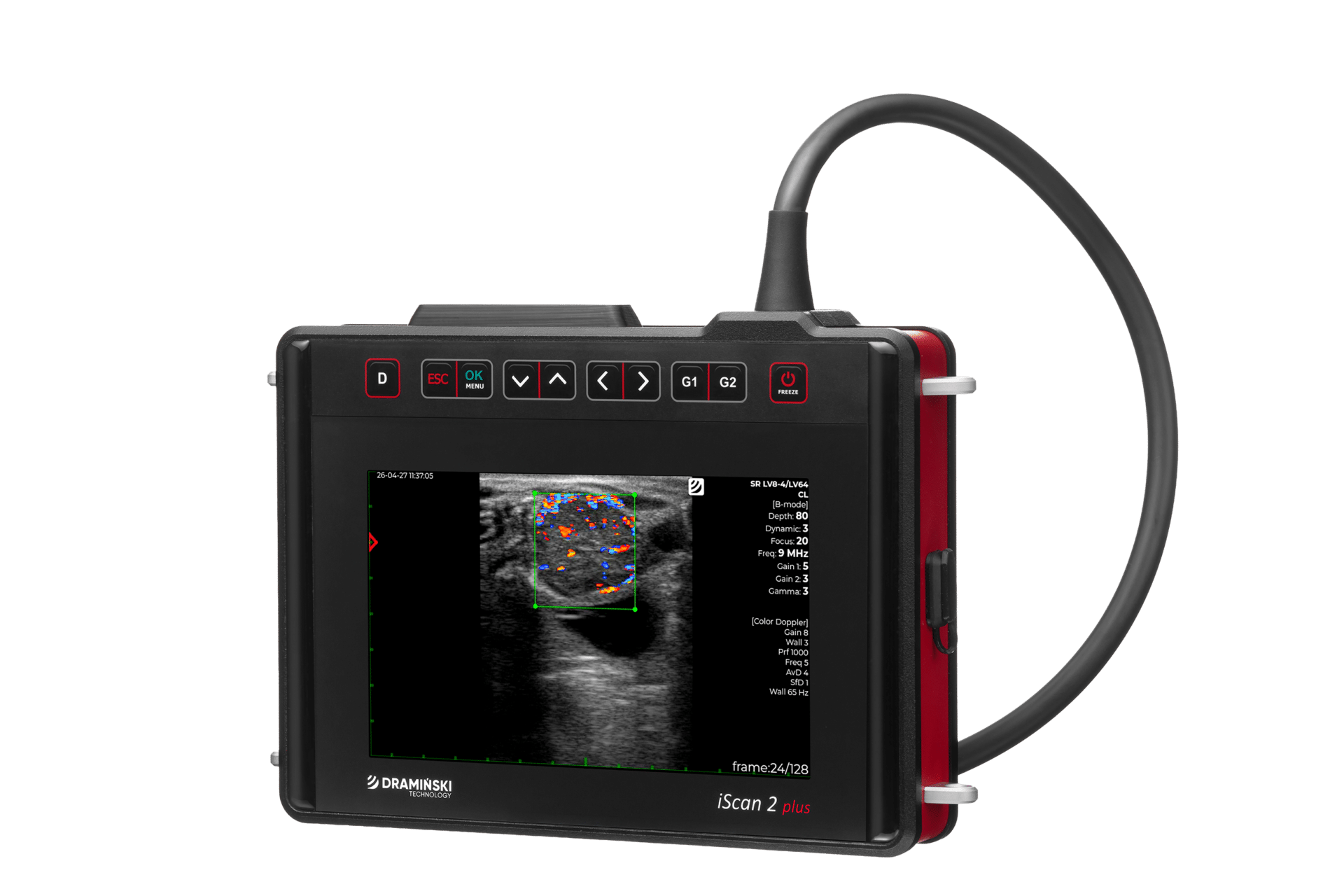 Échographe vétérinaire portable Dramiński iScan 2 Plus avec image échographique en Doppler couleur à l’écran.
