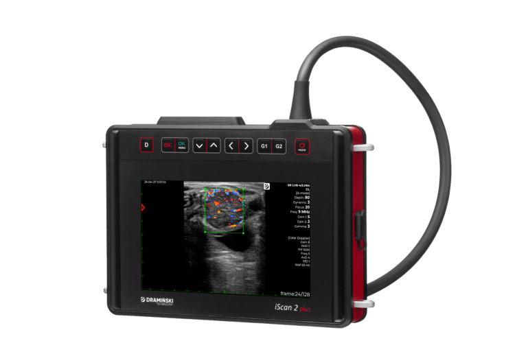 Échographe vétérinaire portable Dramiński iScan 2 Plus avec image échographique en Doppler couleur à l’écran.